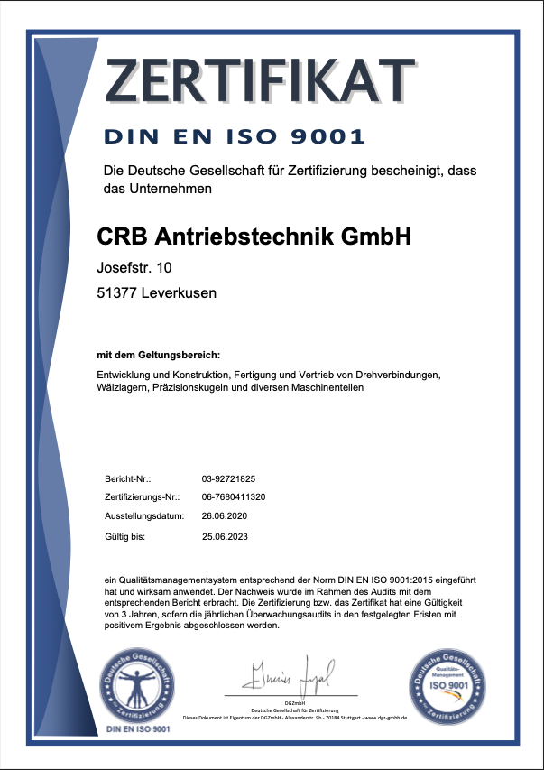 DIN EN ISO 9001:2008 Zertifikat für CRB Antriebstechnik